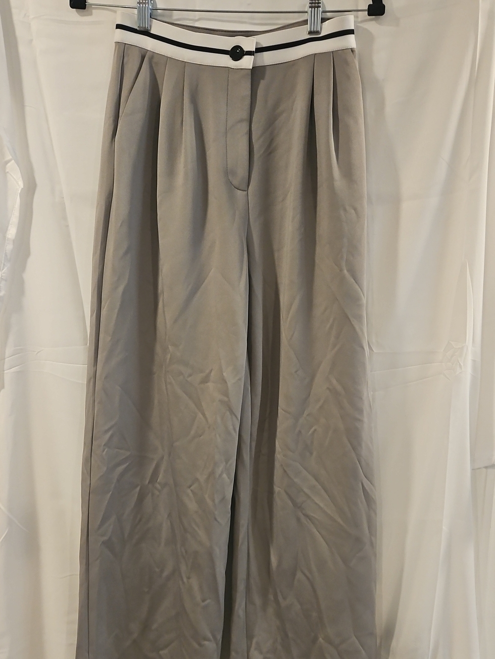 Commense Taupe Wide-Leg Pants with White & Black Waist Trim